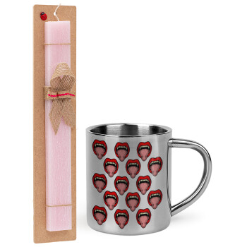 vampire lips, Easter Set, metallic thermal cup (300ml) & aromatic flat Easter candle (30cm) (PINK)