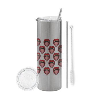 vampire lips, Eco friendly ποτήρι θερμό Ασημένιο (tumbler) από ανοξείδωτο ατσάλι 600ml, με μεταλλικό καλαμάκι & βούρτσα καθαρισμού