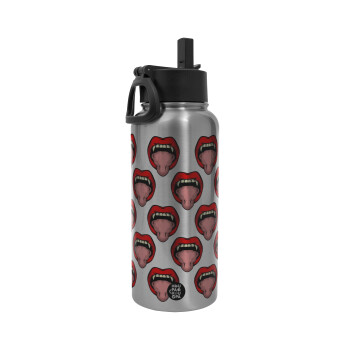 vampire lips, Metal mug thermo Silver with Straw and Spout Lid (Stainless steel), double wall, 950ml