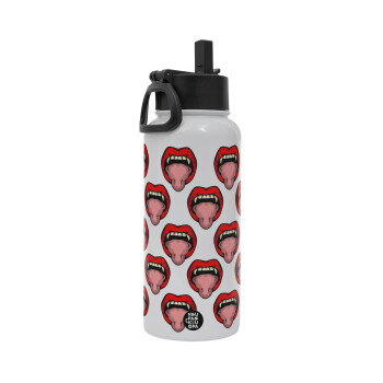 vampire lips, Metal mug thermo White with Straw and Spout Lid (Stainless steel), double wall, 950ml