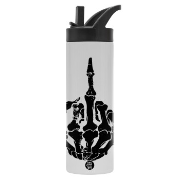 Middle finger, Metallic thermos bottle with straw & handle, stainless steel (Stainless steel 304), double-walled, 600ml.