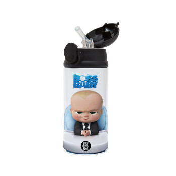 The boss baby, Children's hot water bottle, stainless steel, with safety straw, Black (360ml) BPA-FREE