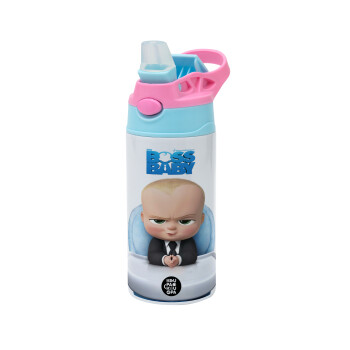 The boss baby, Children's hot water bottle, stainless steel, with safety straw, Pink/BlueCiel (360ml) BPA FREE