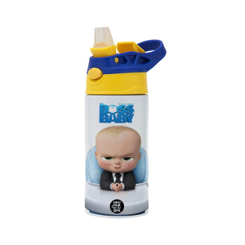 The boss baby, Children's hot water bottle, stainless steel, with safety straw, green, blue (360ml) BPA FREE