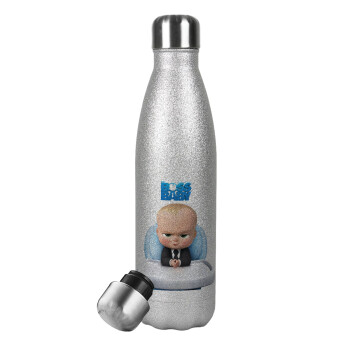 The boss baby, Μεταλλικό παγούρι θερμός Glitter Aσημένιο (Stainless steel), διπλού τοιχώματος, 500ml