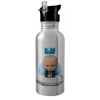 The boss baby, Water bottle Silver with straw, stainless steel 600ml