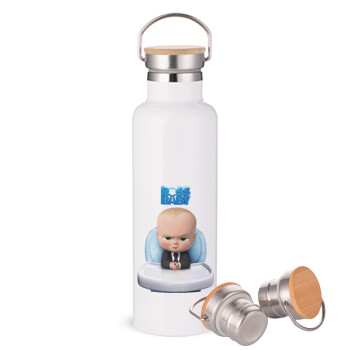 The boss baby, Stainless steel White with wooden lid (bamboo), double wall, 750ml
