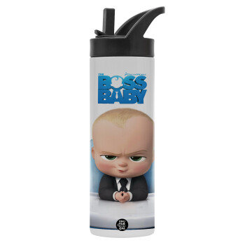 The boss baby, Μεταλλικό παγούρι θερμός με καλαμάκι & χειρολαβή, ανοξείδωτο ατσάλι (Stainless steel 304), διπλού τοιχώματος, 600ml