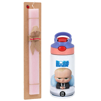 The boss baby, Easter Set, Children's thermal stainless steel water bottle with safety straw, pink/purple (350ml) & Easter scented flat candle (30cm) (PINK)