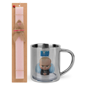 The boss baby, Πασχαλινό Σετ, μεταλλική κούπα θερμό (300ml) & πασχαλινή λαμπάδα αρωματική πλακέ (30cm) (ΡΟΖ)