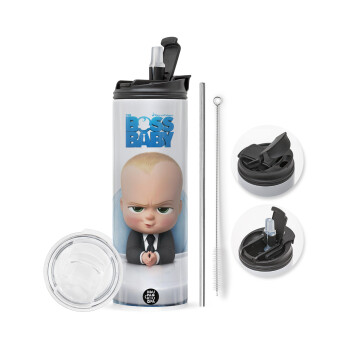 The boss baby, Travel Tumbler θερμό με διπλό καπάκι, μεταλλικό καλαμάκι και βούρτσα καθαρισμού (Ανωξείδωτο 304 Food grade, BPA free, 600ml)