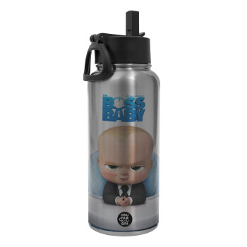 The boss baby, Μεταλλικό παγούρι θερμός Silver με καλαμάκι και χερούλι (Stainless steel), διπλού τοιχώματος, 950ml