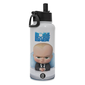 The boss baby, Μεταλλικό παγούρι θερμός Λευκό με καλαμάκι και χερούλι (Stainless steel), διπλού τοιχώματος, 950ml