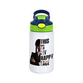 Wednesday, This is my happy face, Children's hot water bottle, stainless steel, with safety straw, green, blue (350ml)