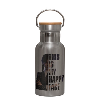 Wednesday, This is my happy face, Stainless steel metallic thermos flask, silver with a bamboo lid, double-walled, 350ml.