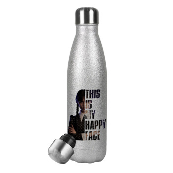 Wednesday, This is my happy face, Metallic Glitter Silver Thermos Flask (Stainless steel), double-walled, 500ml