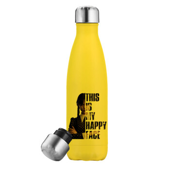 Wednesday, This is my happy face, Yellow Stainless Steel Metallic Thermos, double-walled, 500ml