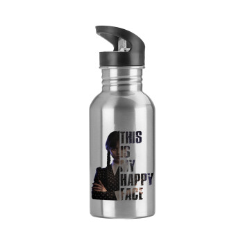 Wednesday, This is my happy face, Water bottle Silver with straw, stainless steel 600ml