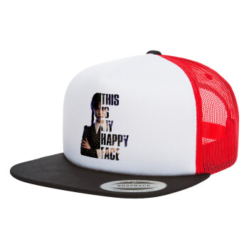 Wednesday, This is my happy face, Adult Foam Flat Snapback with Mesh Black-White-Red (POLYESTER, ADULT, UNISEX, ONE SIZE)