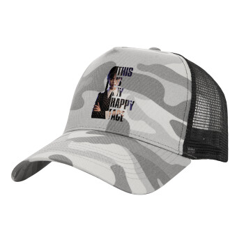 Wednesday, This is my happy face, Adult Structured Trucker Hat, with Mesh, (Camouflage) Army Camo (100% COTTON, ADULT, UNISEX, ONE SIZE)