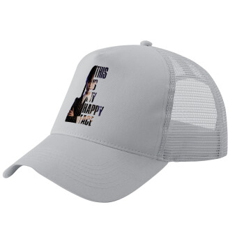 Wednesday, This is my happy face, Adult Structured Trucker Hat, with Mesh, GRAY (100% COTTON, ADULT, UNISEX, ONE SIZE)