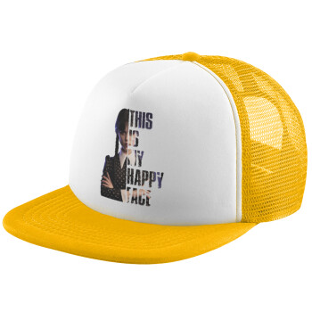 Wednesday, This is my happy face, Adult Soft Trucker Hat with Yellow/White Mesh (POLYESTER, ADULT, UNISEX, ONE SIZE)