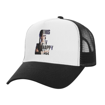 Wednesday, This is my happy face, Adult Structured Trucker Hat, with Mesh, WHITE/BLACK (100% COTTON, ADULT, UNISEX, ONE SIZE)