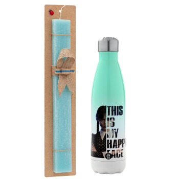 Wednesday, This is my happy face, Easter Set, Metallic green/white thermos (Stainless steel), double-walled, 500ml & scented flat Easter candle (30cm) (TURQUOISE)