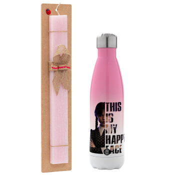 Wednesday, This is my happy face, Easter Set, Metallic pink/white (Stainless steel) thermos, double-walled, 500ml & aromatic flat Easter candle (30cm) (PINK)