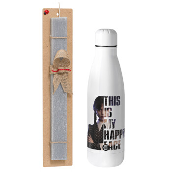 Wednesday, This is my happy face, Easter Set, metallic Inox water bottle (700ml) & Easter scented flat candle (30cm) (GRAY)