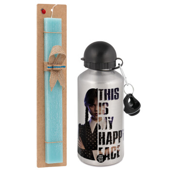 Wednesday, This is my happy face, Easter Set, metallic silver aluminum water bottle (500ml) & scented flat Easter candle (30cm) (TURQUOISE)