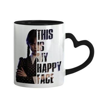 Wednesday, This is my happy face, Mug heart black handle, ceramic, 330ml