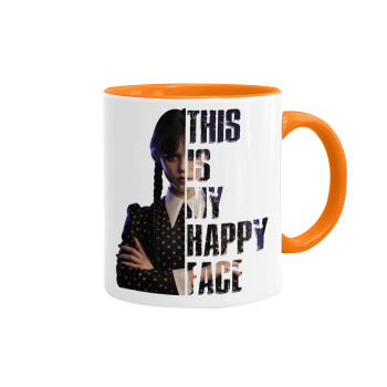 Wednesday, This is my happy face, Mug colored orange, ceramic, 330ml