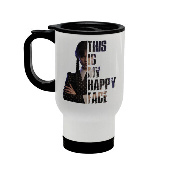 Wednesday, This is my happy face, Stainless steel travel mug with lid, double wall white 450ml