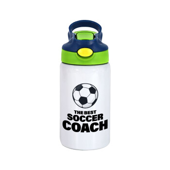 The best soccer Coach, Children's hot water bottle, stainless steel, with safety straw, green, blue (350ml)