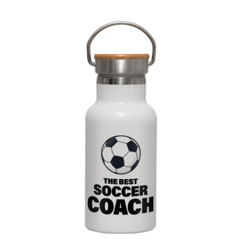 The best soccer Coach, Μεταλλικό παγούρι θερμός (Stainless steel) Λευκό με ξύλινο καπακι (bamboo), διπλού τοιχώματος, 350ml