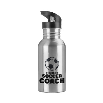 The best soccer Coach, Water bottle Silver with straw, stainless steel 600ml