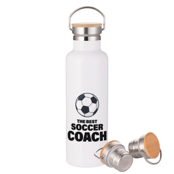 The best soccer Coach, Μεταλλικό παγούρι θερμός (Stainless steel) Λευκό με ξύλινο καπακι (bamboo), διπλού τοιχώματος, 750ml