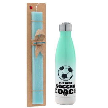 The best soccer Coach, Easter Set, Metallic green/white thermos (Stainless steel), double-walled, 500ml & scented flat Easter candle (30cm) (TURQUOISE)