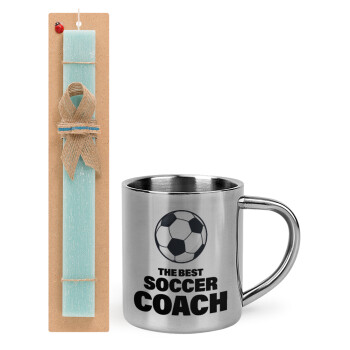 The best soccer Coach, Easter Set, metallic thermal cup (300ml) & aromatic flat Easter candle (30cm) (TURQUOISE)