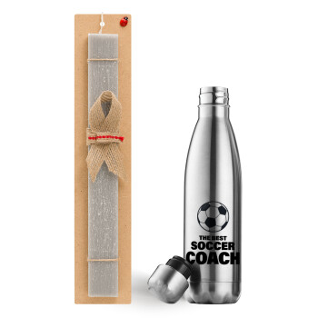 The best soccer Coach, Easter Set, metallic stainless thermos flask (500ml) & scented flat Easter candle (30cm) (GRAY)