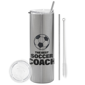 The best soccer Coach, Eco friendly ποτήρι θερμό Ασημένιο (tumbler) από ανοξείδωτο ατσάλι 600ml, με μεταλλικό καλαμάκι & βούρτσα καθαρισμού