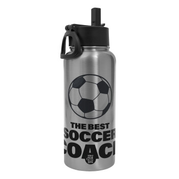 The best soccer Coach, Metal mug thermo Silver with Straw and Spout Lid (Stainless steel), double wall, 950ml