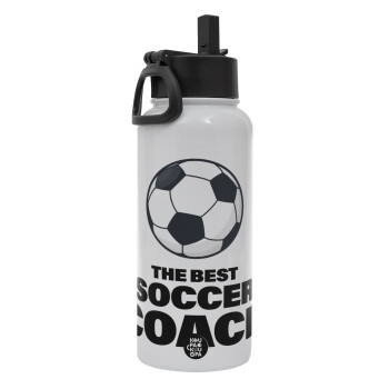 The best soccer Coach, Metal mug thermo White with Straw and Spout Lid (Stainless steel), double wall, 950ml