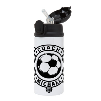 Soccer coach, Children's hot water bottle, stainless steel, with safety straw, Black (360ml) BPA-FREE