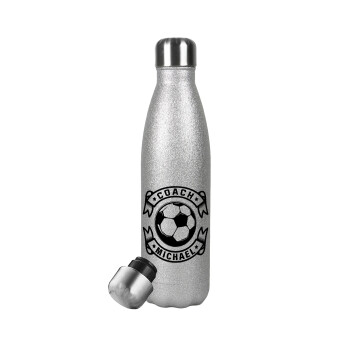 Soccer coach, Μεταλλικό παγούρι θερμός Glitter Aσημένιο (Stainless steel), διπλού τοιχώματος, 500ml