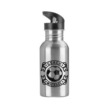 Soccer coach, Water bottle Silver with straw, stainless steel 600ml