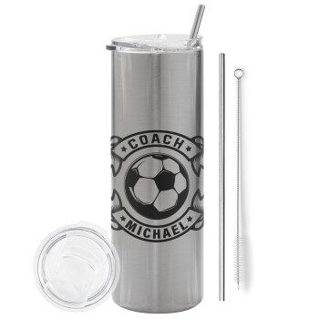 Soccer coach, Eco friendly stainless steel Silver tumbler 600ml, with metal straw & cleaning brush
