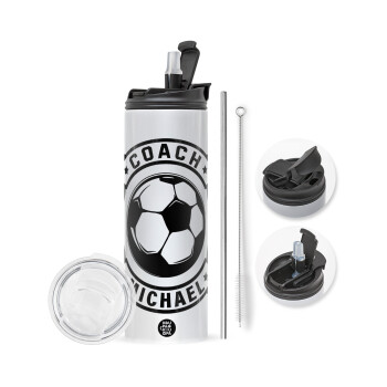 Soccer coach, Travel Tumbler 2 Lids, with metal straw & cleaning brush (Stainless steel 304 Food grade, BPA free, 600ml)