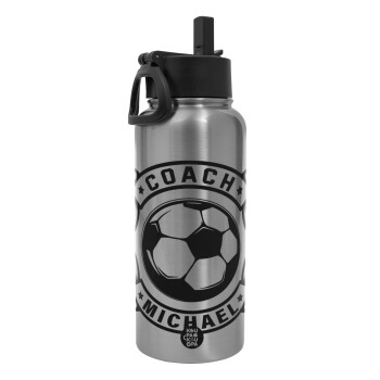 Soccer coach, Metal mug thermo Silver with Straw and Spout Lid (Stainless steel), double wall, 950ml